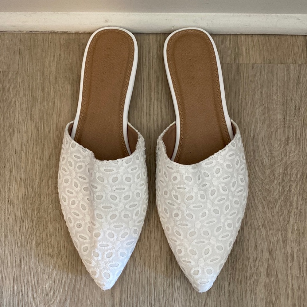 ASOS white eyelet mule with flexible stretch side & pointy toe.